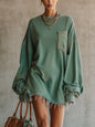 Green Denim Oversized Pocket Frayed Hem Mini Dress