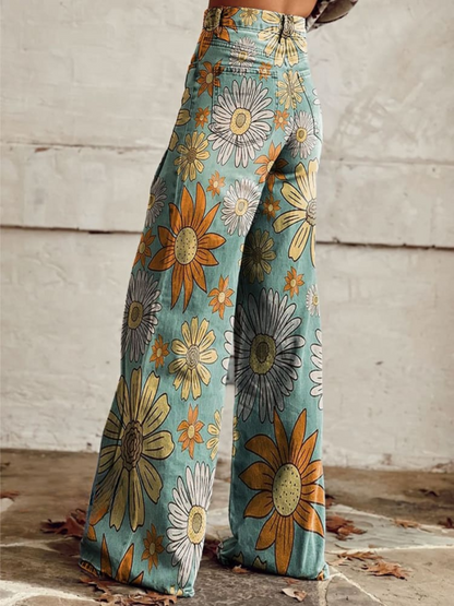 Scarlett™ - Vintage Floral Print Wide Leg Trousers