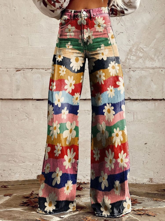 Lily™ - Vintage Colourful Striped Floral Printed Wide Leg Trousers