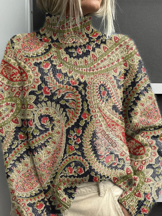 Nicolia™ | Vintage Floral Knit Turtleneck Sweater