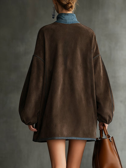 24-Hour Shipping Brown Faux Suede Fleece High-Neck Zip-Up Oversized Mini Dress