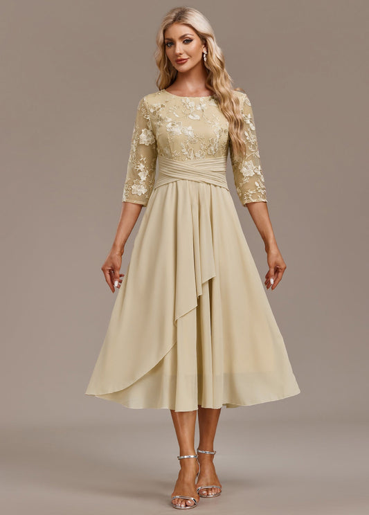 Luna Champagne Embroidery 3/4 Sleeve Round Neck Dress