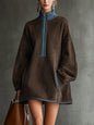 24-Hour Shipping Brown Faux Suede Fleece High-Neck Zip-Up Oversized Mini Dress