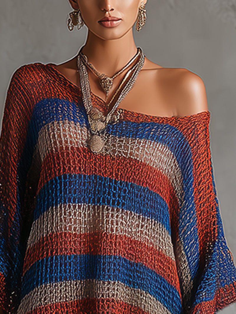 Multicolour Open-Knit Striped Oversized Cover-Up Dress