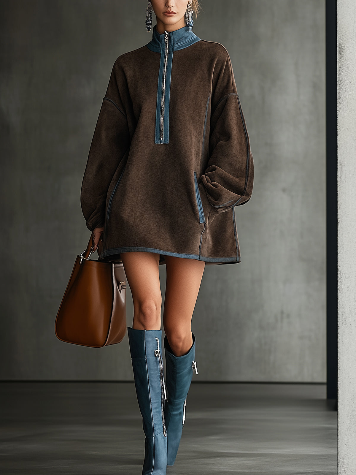24-Hour Shipping Brown Faux Suede Fleece High-Neck Zip-Up Oversized Mini Dress