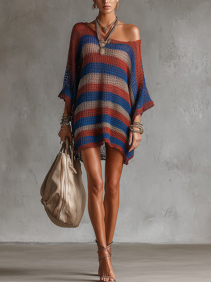 Multicolour Open-Knit Striped Oversized Cover-Up Dress