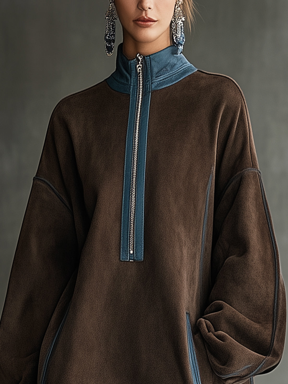 24-Hour Shipping Brown Faux Suede Fleece High-Neck Zip-Up Oversized Mini Dress