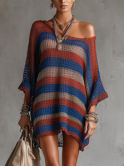Multicolour Open-Knit Striped Oversized Cover-Up Dress