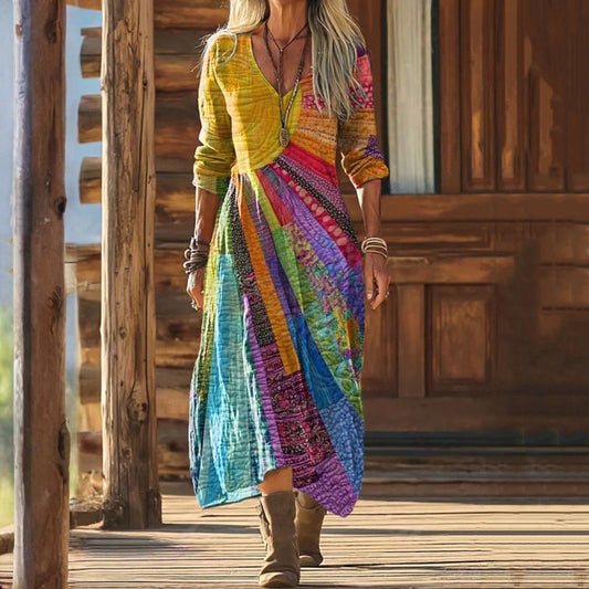 Vintage-Inspired Colourful Long Sleeve Dress