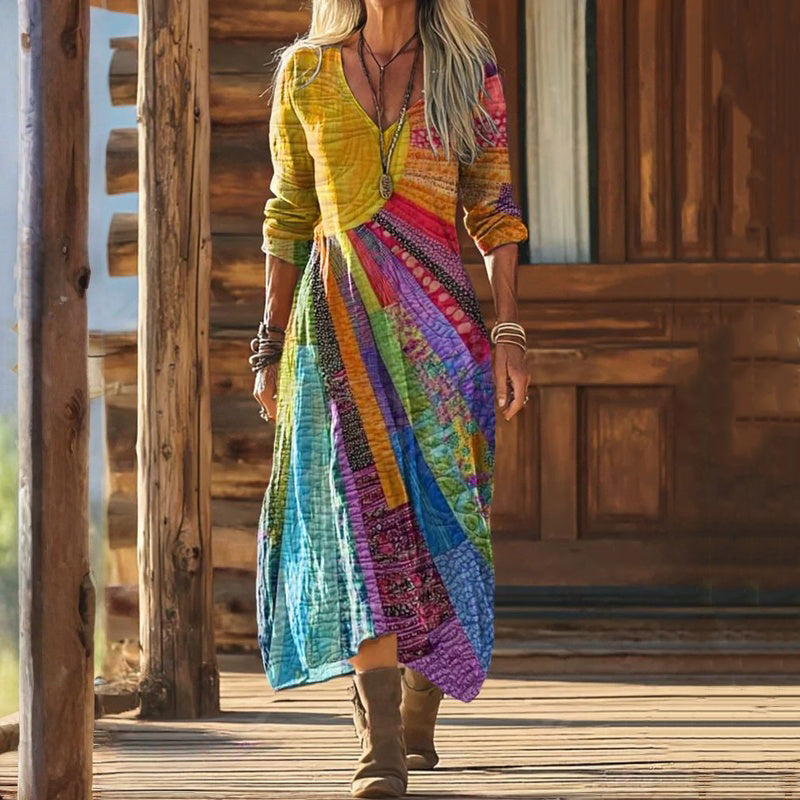 Vintage-Inspired Colourful Long Sleeve Dress