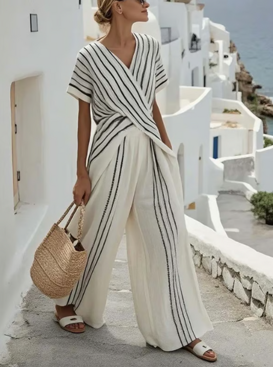 Two-piece linen set with cross waist