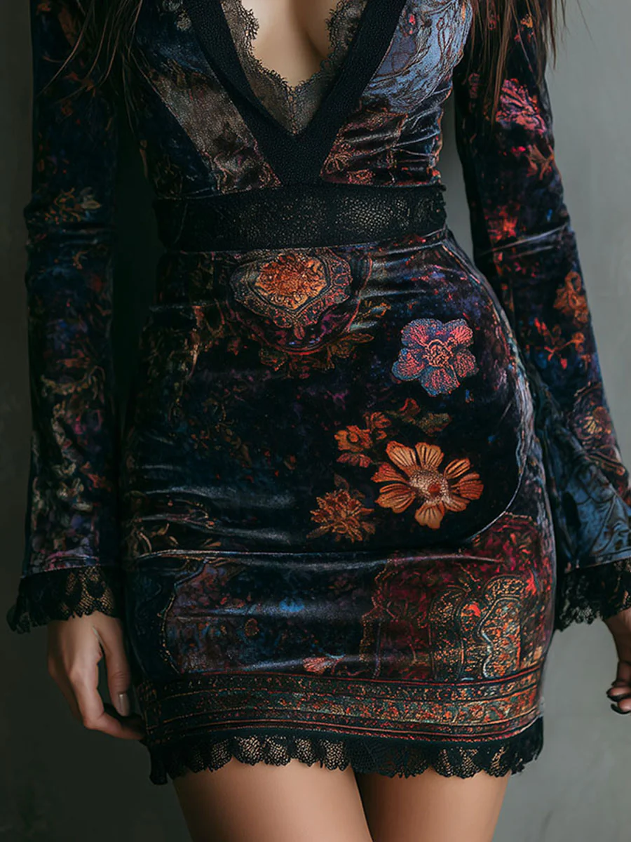Lunori™ | Sofia Floral Velvet Mini Dress