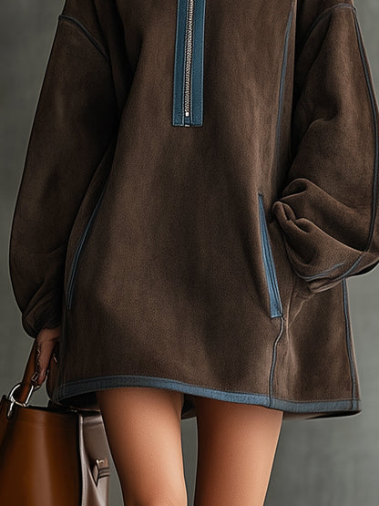 24-Hour Shipping Brown Faux Suede Fleece High-Neck Zip-Up Oversized Mini Dress