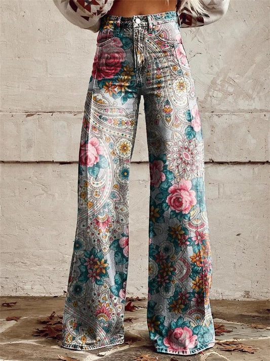 Alyssa™ - Vintage Colourful Floral Printed Wide Leg Trousers