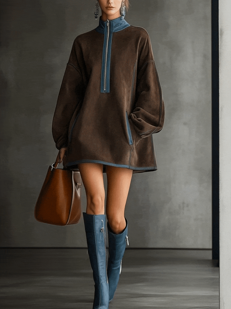 24-Hour Shipping Brown Faux Suede Fleece High-Neck Zip-Up Oversized Mini Dress