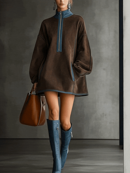24-Hour Shipping Brown Faux Suede Fleece High-Neck Zip-Up Oversized Mini Dress